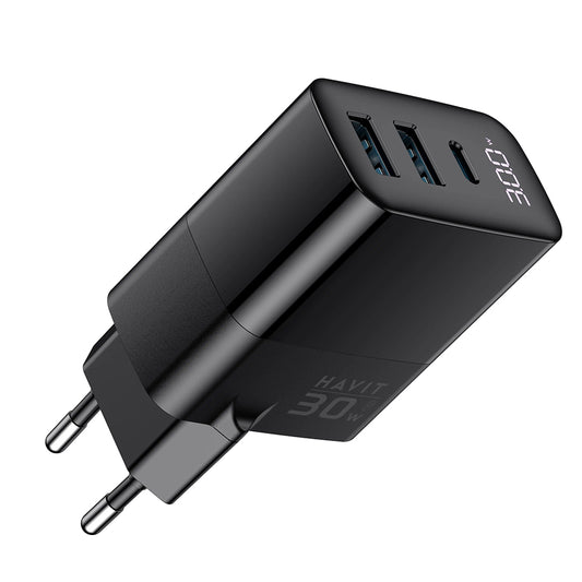 HAVIT UCLE001 Verkkolaturi, 30W, 3A, 2 x USB-A - 1 x USB-C, Musta