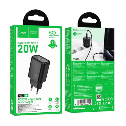 HOCO N60 Verkkolaturi, 20W, 3A, 1 x USB-C, Musta