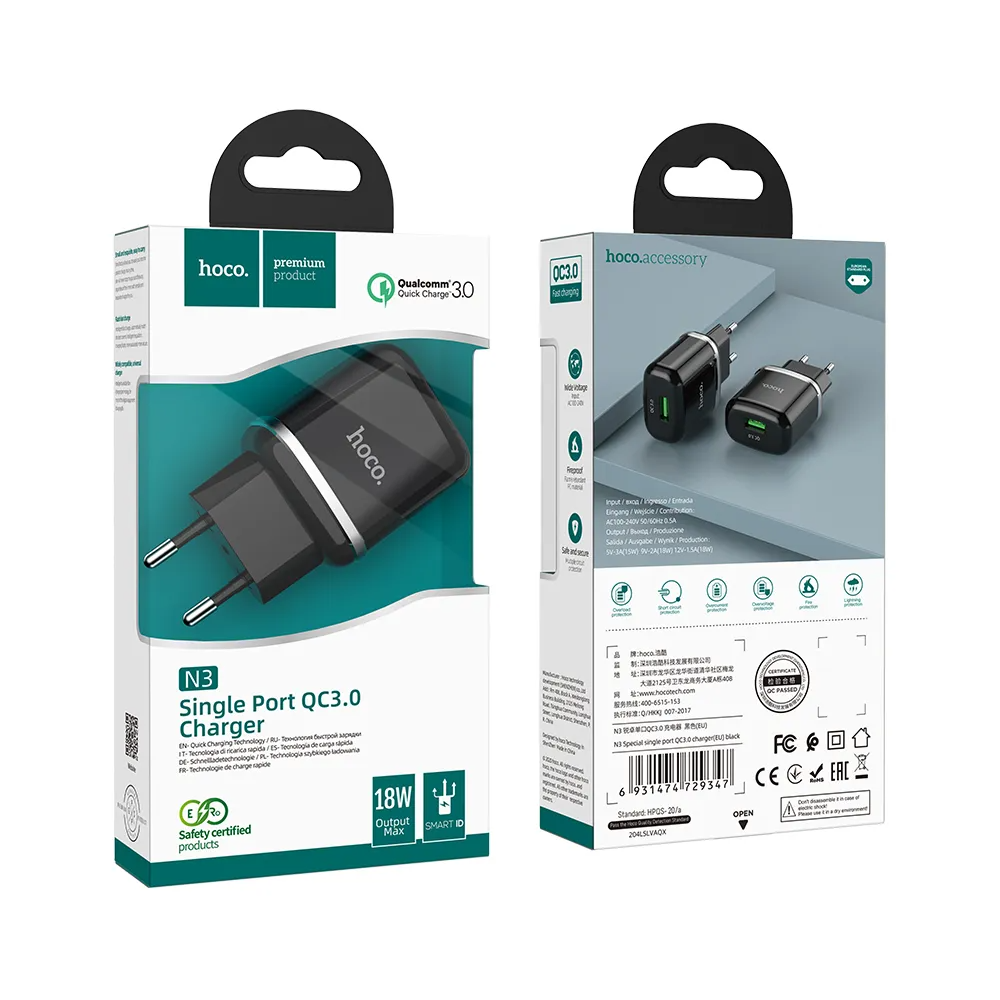 HOCO N3 Verkkolaturi, 18W, 3A, 1 x USB-A, Musta