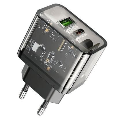 Verkkolaturi HOCO N34, 20W, 3A, 1 x USB-A - 1 x USB-C, Läpinäkyvä