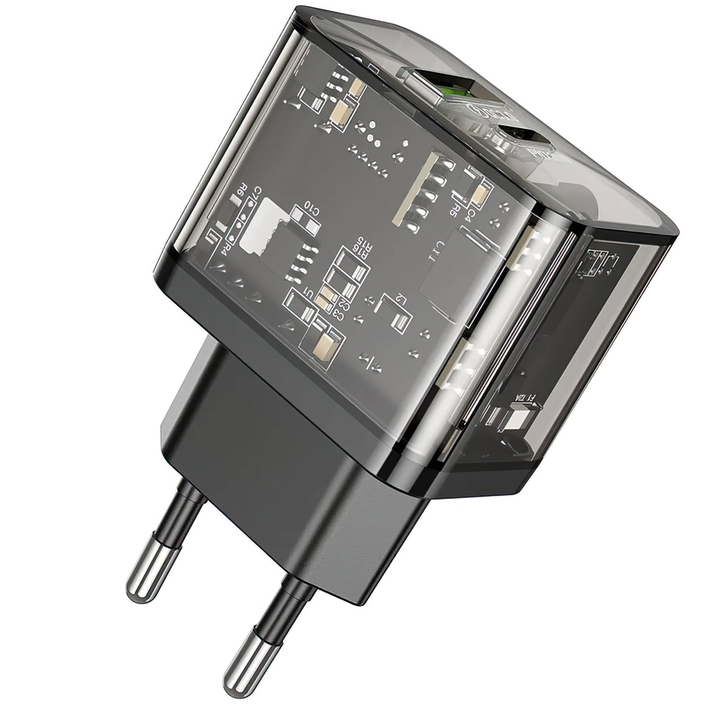 Verkkolaturi HOCO N34, 20W, 3A, 1 x USB-A - 1 x USB-C, Läpinäkyvä
