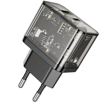 Verkkolaturi HOCO N34, 20W, 3A, 1 x USB-A - 1 x USB-C, Läpinäkyvä