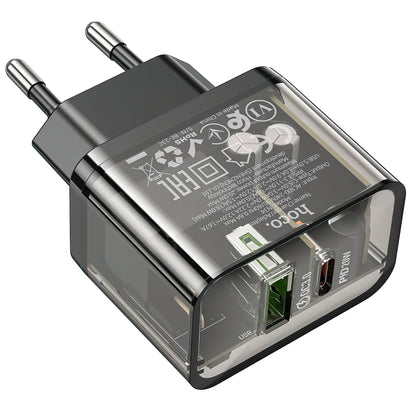 Verkkolaturi HOCO N34, 20W, 3A, 1 x USB-A - 1 x USB-C, Läpinäkyvä