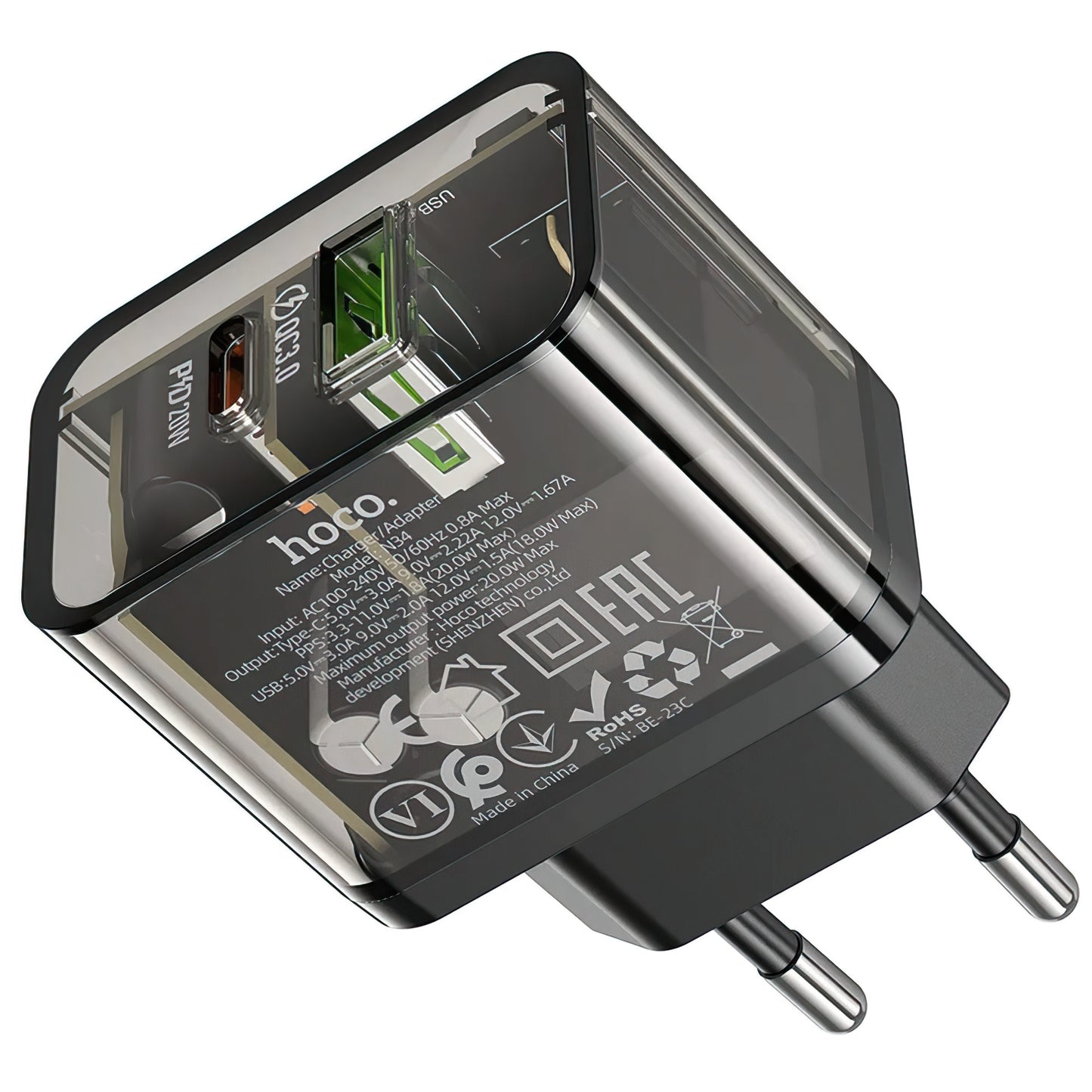 Verkkolaturi HOCO N34, 20W, 3A, 1 x USB-A - 1 x USB-C, Läpinäkyvä