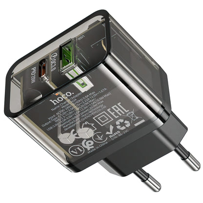 Verkkolaturi HOCO N34, 20W, 3A, 1 x USB-A - 1 x USB-C, Läpinäkyvä
