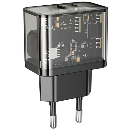 Verkkolaturi HOCO N34, 20W, 3A, 1 x USB-A - 1 x USB-C, Läpinäkyvä