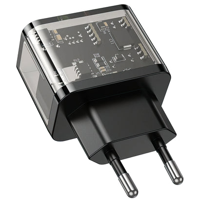 Verkkolaturi HOCO N34, 20W, 3A, 1 x USB-A - 1 x USB-C, Läpinäkyvä