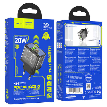 Verkkolaturi HOCO N34, 20W, 3A, 1 x USB-A - 1 x USB-C, Läpinäkyvä