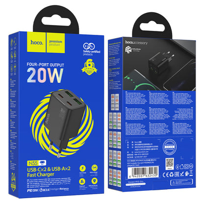 HOCO N55 Network Charger, 20W, 3A, 2 x USB-A - 2 x USB-C, Black