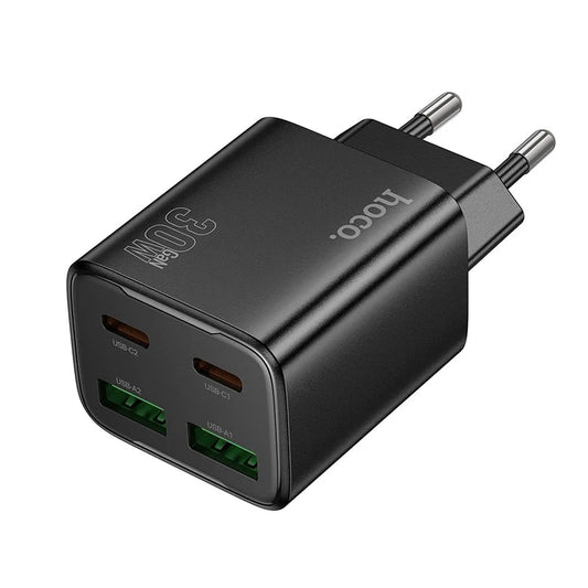 HOCO N56 Verkkolaturi, 30W, 3A, 2 x USB-A - 2 x USB-C, Musta