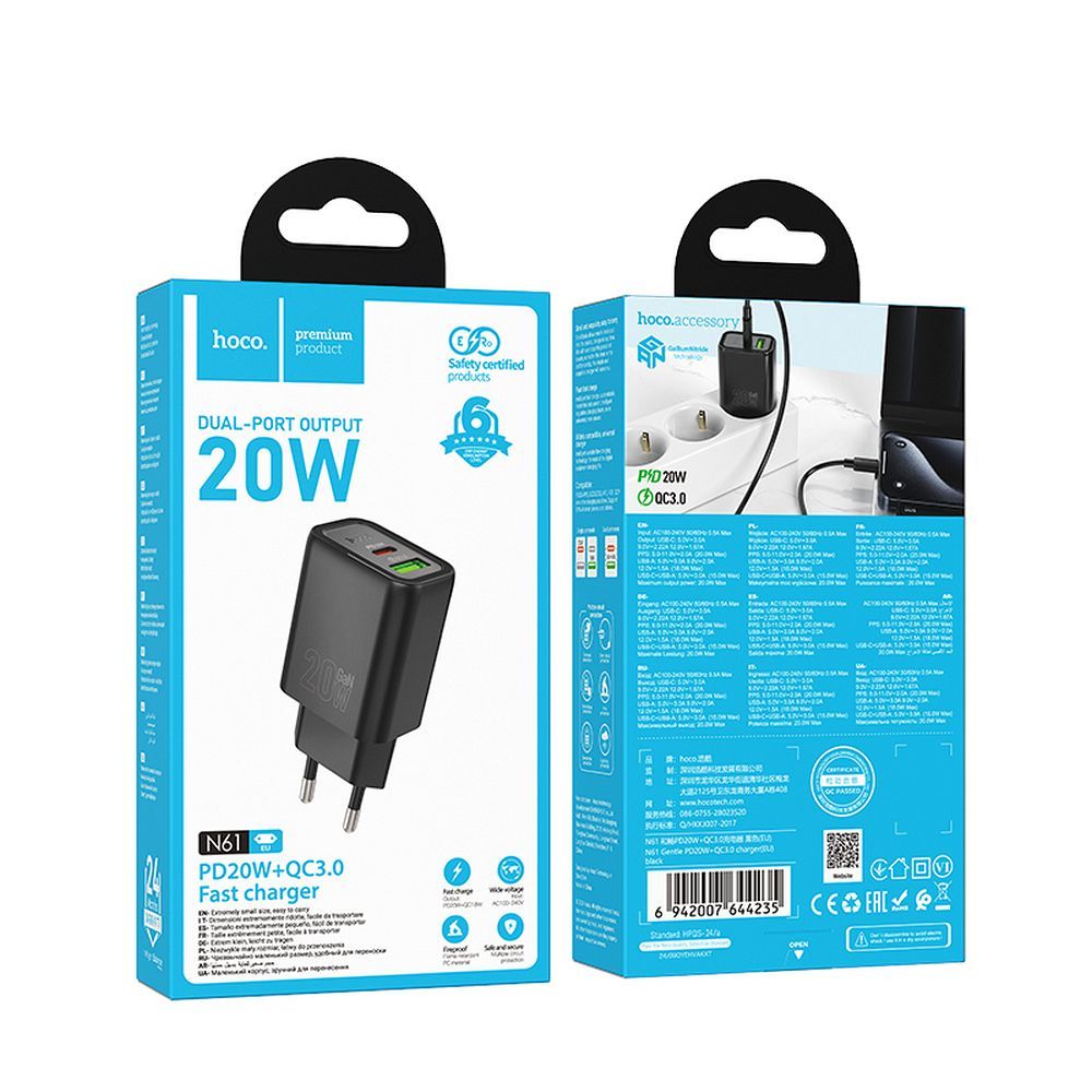 HOCO N61 Verkkolaturi, 20W, 3A, 1 x USB-A - 1 x USB-C, Musta