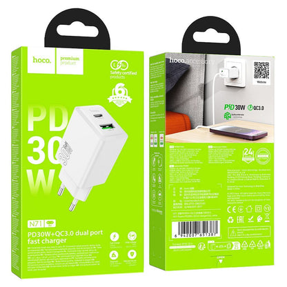 HOCO N71 Verkkolaturi, 30W, 3A, 1 x USB-A - 1 x USB-C, Valkoinen