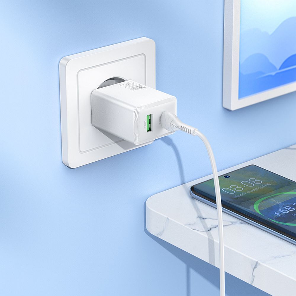 HOCO N71 Verkkolaturi, 30W, 3A, 1 x USB-A - 1 x USB-C, Valkoinen
