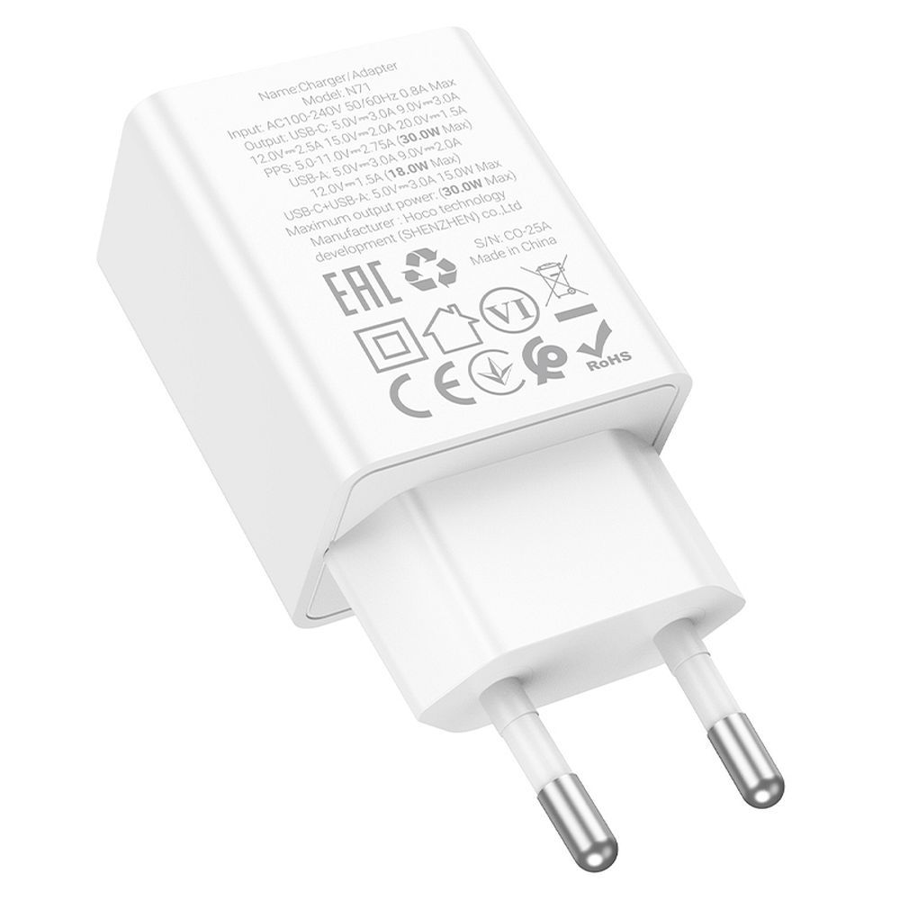 HOCO N71 Verkkolaturi, 30W, 3A, 1 x USB-A - 1 x USB-C, Valkoinen