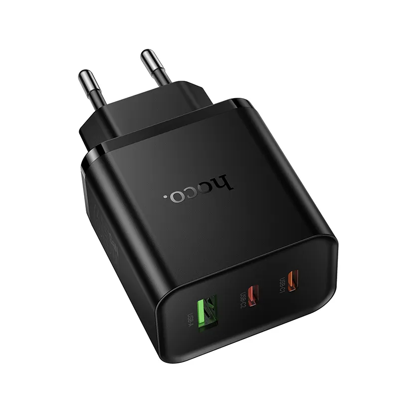 HOCO N75 Verkkolaturi, 65W, 3A, 1 x USB-A - 2 x USB-C, Musta