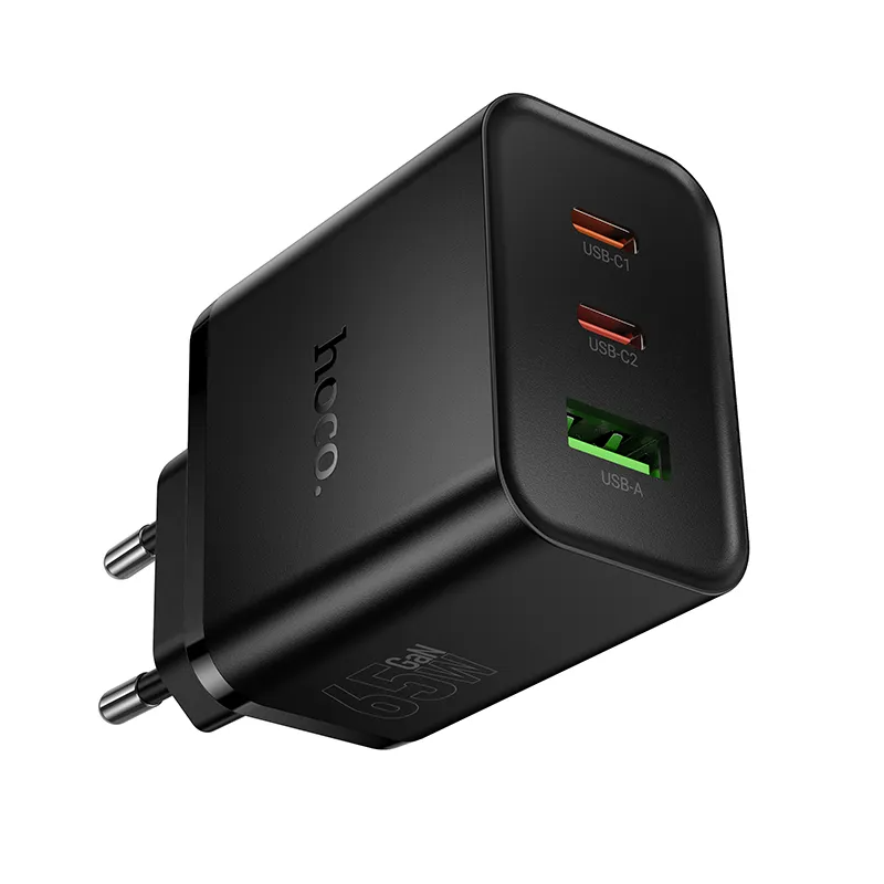 HOCO N75 Verkkolaturi, 65W, 3A, 1 x USB-A - 2 x USB-C, Musta