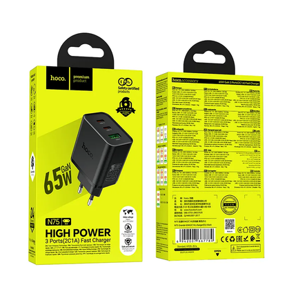 HOCO N75 Verkkolaturi, 65W, 3A, 1 x USB-A - 2 x USB-C, Musta