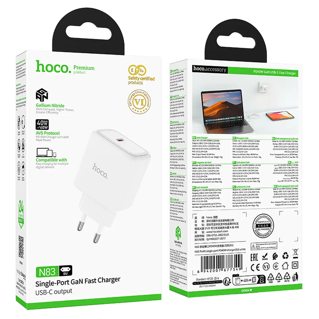 Verkkolaturi HOCO N83, 40W, 3A, 1 x USB-C, Valkoinen