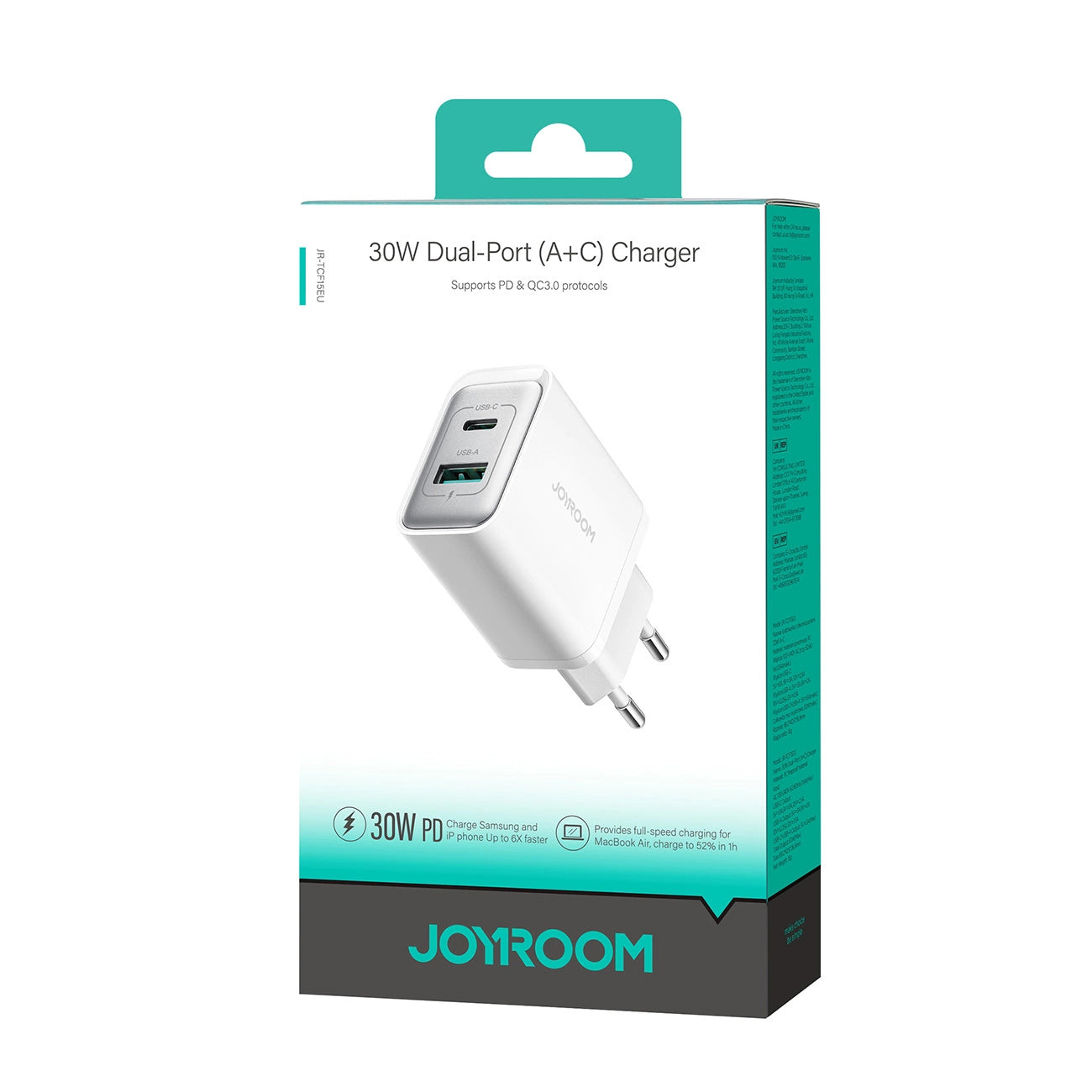 Joyroom JR-TCF15 verkkolaturi, 30W, 5A, 1 x USB-A - 1 x USB-C, Valkoinen