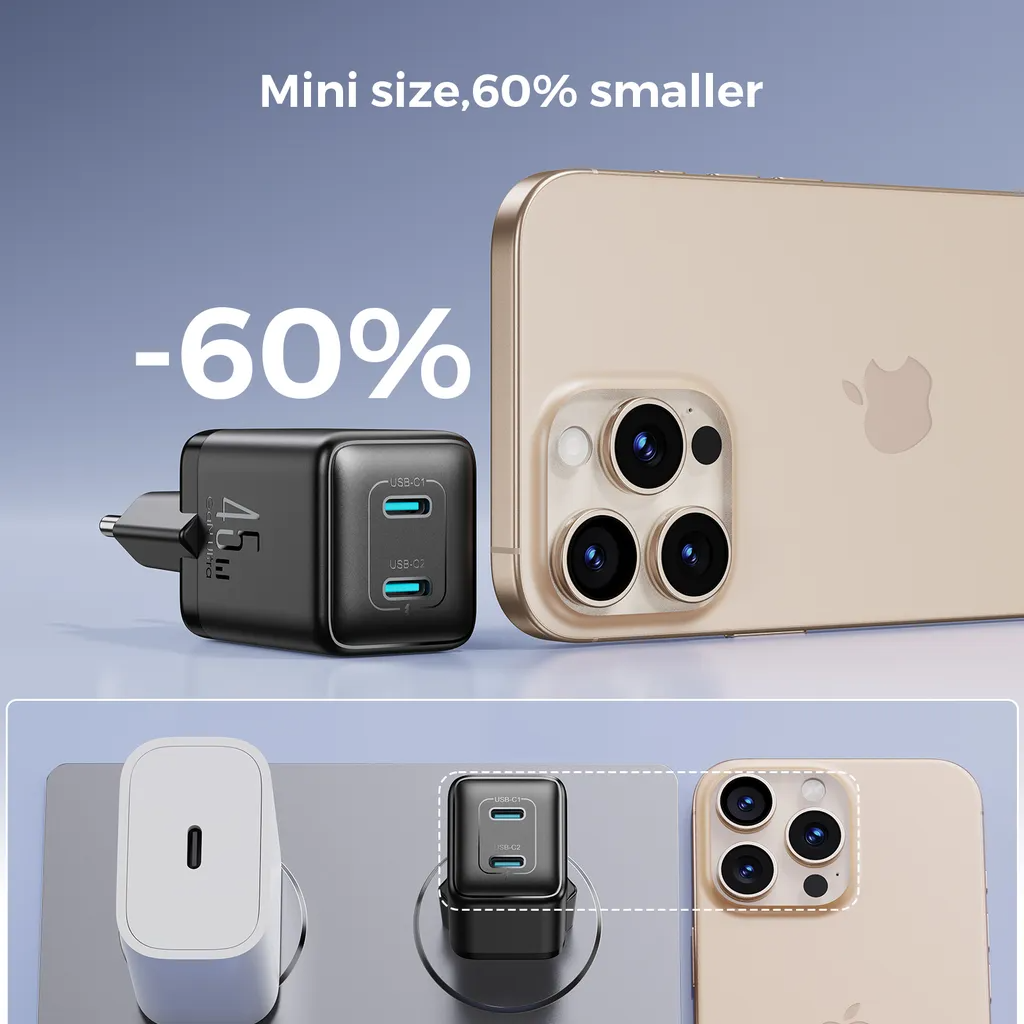 Joyroom JR-TCG17 -verkkolaturi, 45W, 3A, 2 x USB-C, Musta