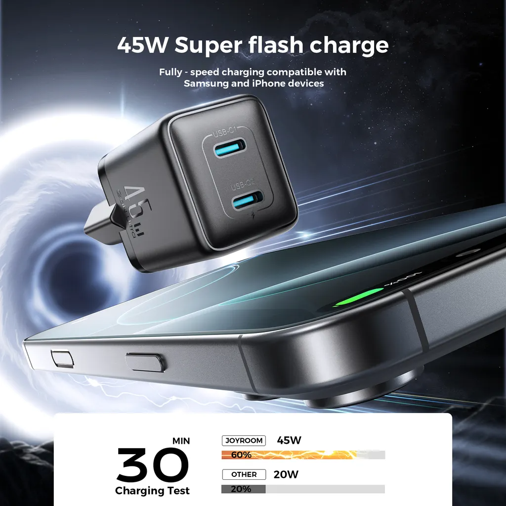 Joyroom JR-TCG17 -verkkolaturi, 45W, 3A, 2 x USB-C, Musta