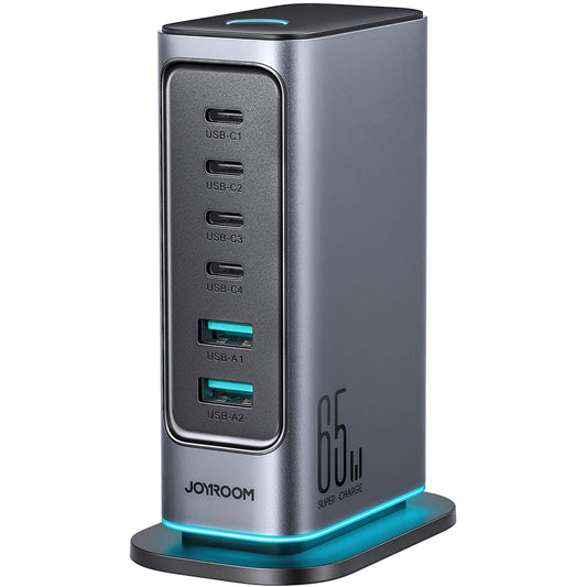 Joyroom JR-TCM02 -latausasema, 65W, 3.25A, 2 x USB-A - 4 x USB-C, Harmaa
