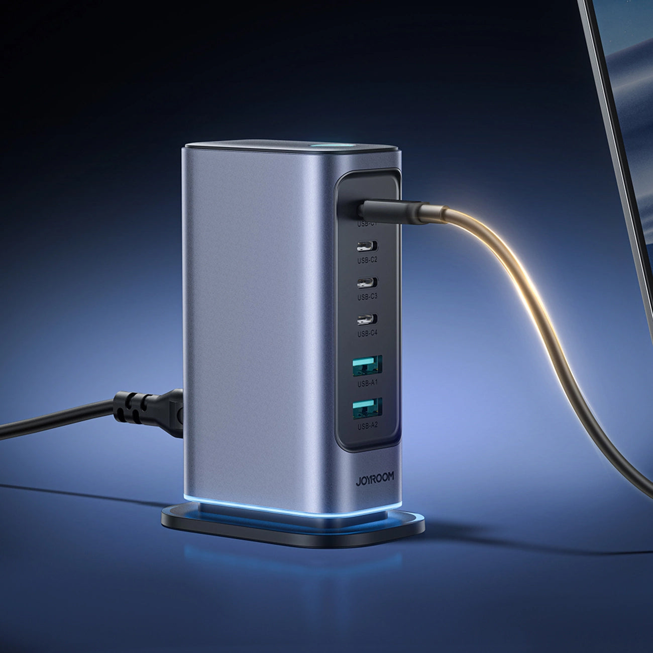 Joyroom JR-TCM02 -latausasema, 65W, 3.25A, 2 x USB-A - 4 x USB-C, Harmaa