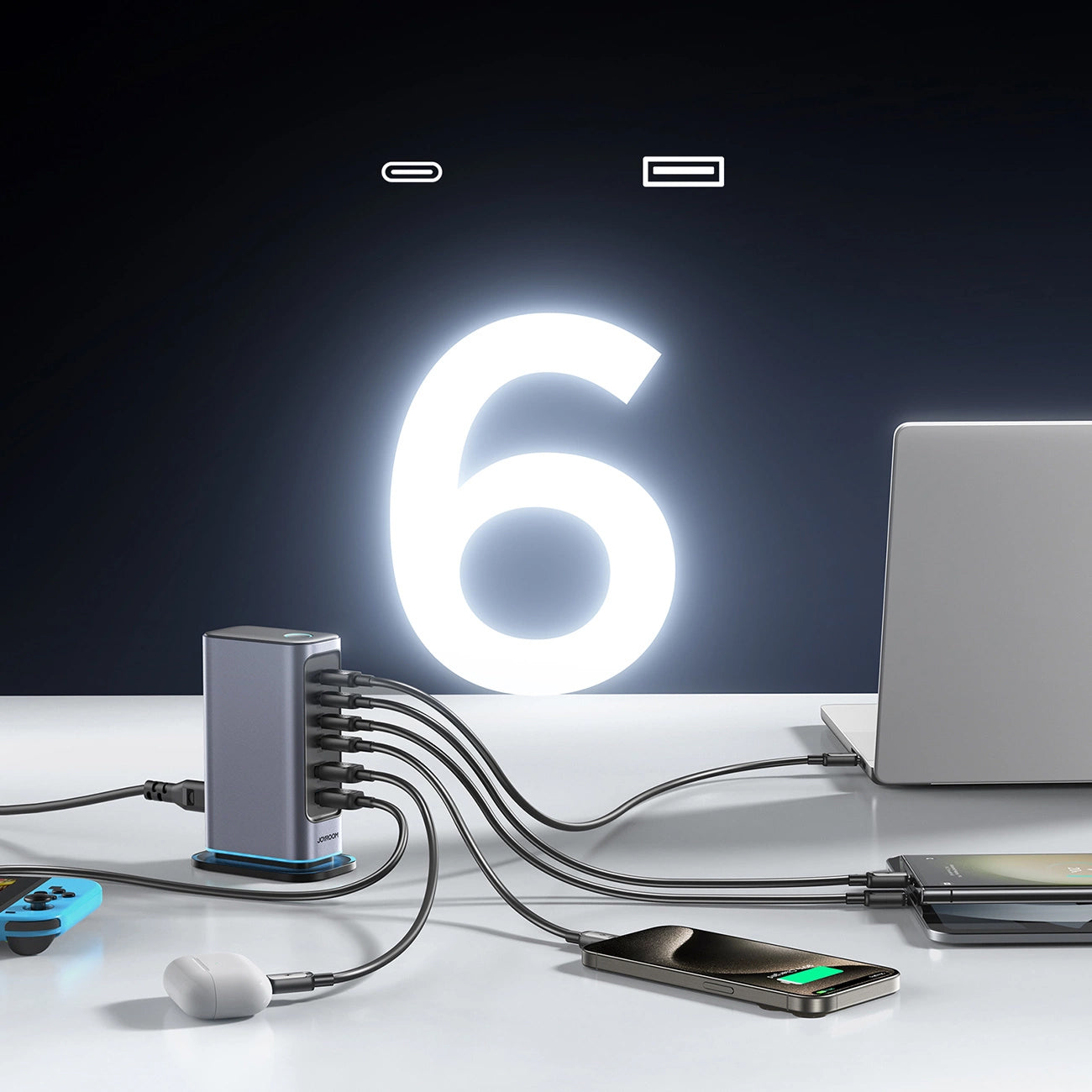 Joyroom JR-TCM02 -latausasema, 65W, 3.25A, 2 x USB-A - 4 x USB-C, Harmaa