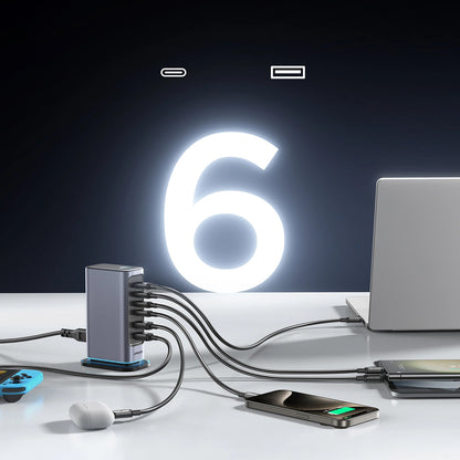 Joyroom JR-TCM02 -latausasema, 65W, 3.25A, 2 x USB-A - 4 x USB-C, Harmaa