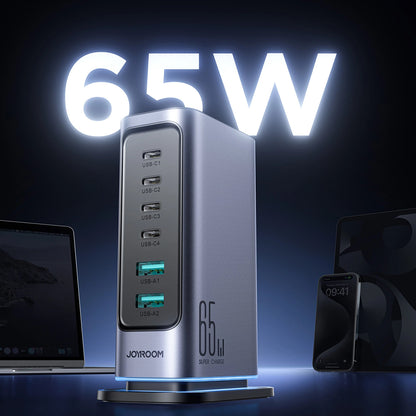 Joyroom JR-TCM02 -latausasema, 65W, 3.25A, 2 x USB-A - 4 x USB-C, Harmaa