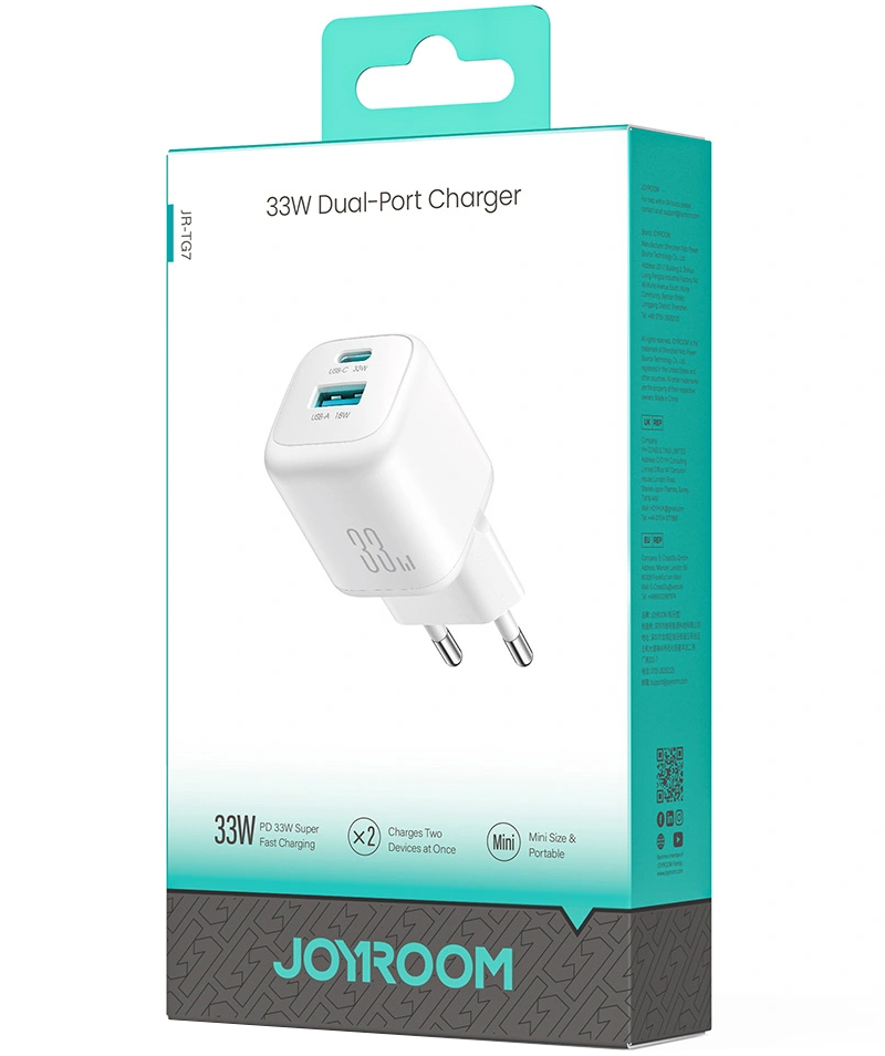 Joyroom JR-TG7 -verkkolaturi, 33W, 3A, 1 x USB-A - 1 x USB-C, Valkoinen