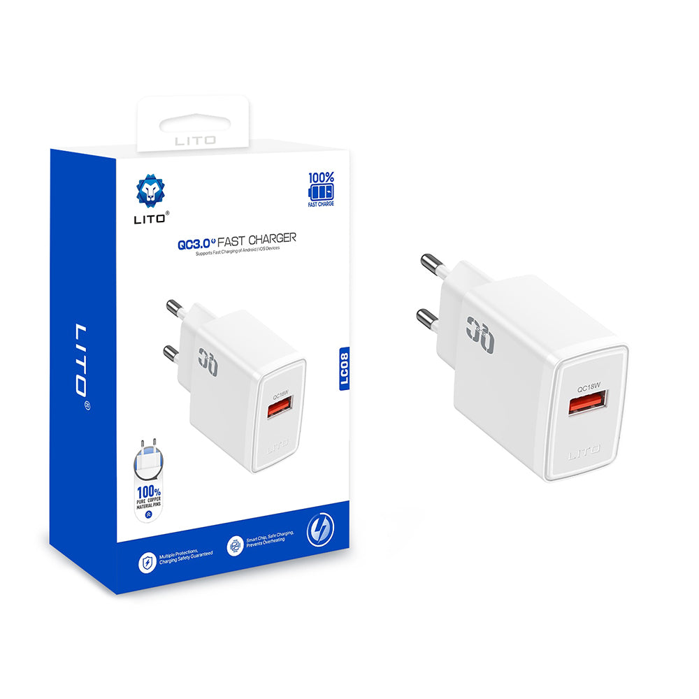 Lito LC08 Verkkolaturi, 18W, 3A, 1 x USB-A, Valkoinen