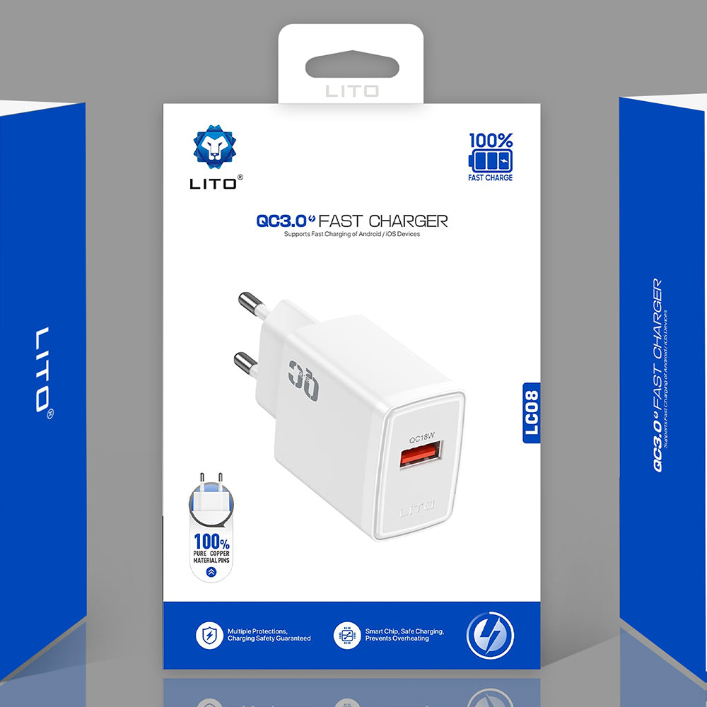 Lito LC08 Verkkolaturi, 18W, 3A, 1 x USB-A, Valkoinen