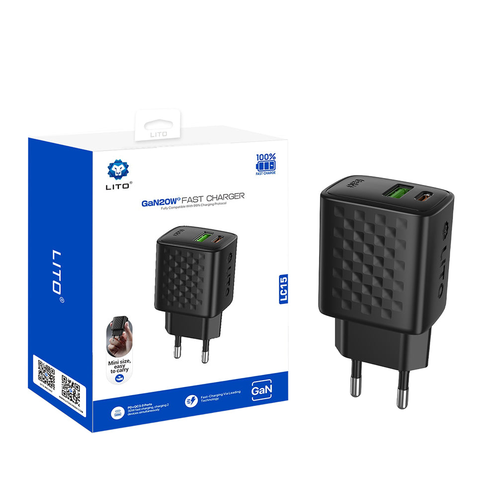 Lito LC15 Verkkolaturi, 20W, 3A, 1 x USB-A - 1 x USB-C, Musta