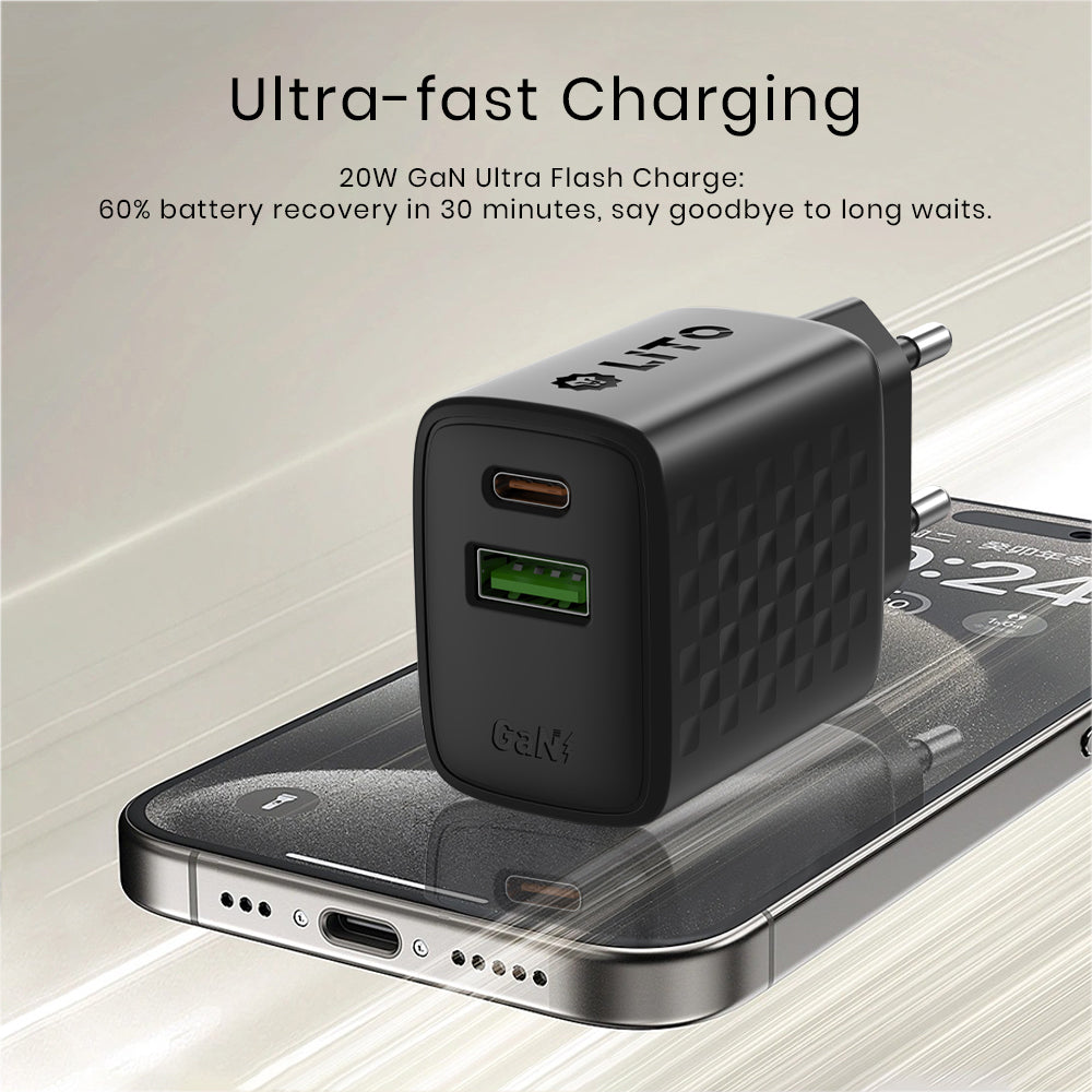 Lito LC15 Verkkolaturi, 20W, 3A, 1 x USB-A - 1 x USB-C, Musta