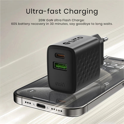 Lito LC15 Verkkolaturi, 20W, 3A, 1 x USB-A - 1 x USB-C, Musta