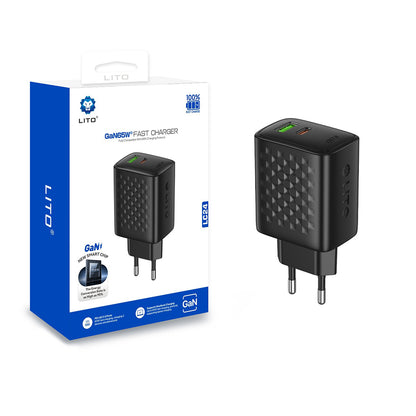 Lito LC24 Verkkolaturi, 65W, 3.25A, 1 x USB-A - 1 x USB-C, Musta