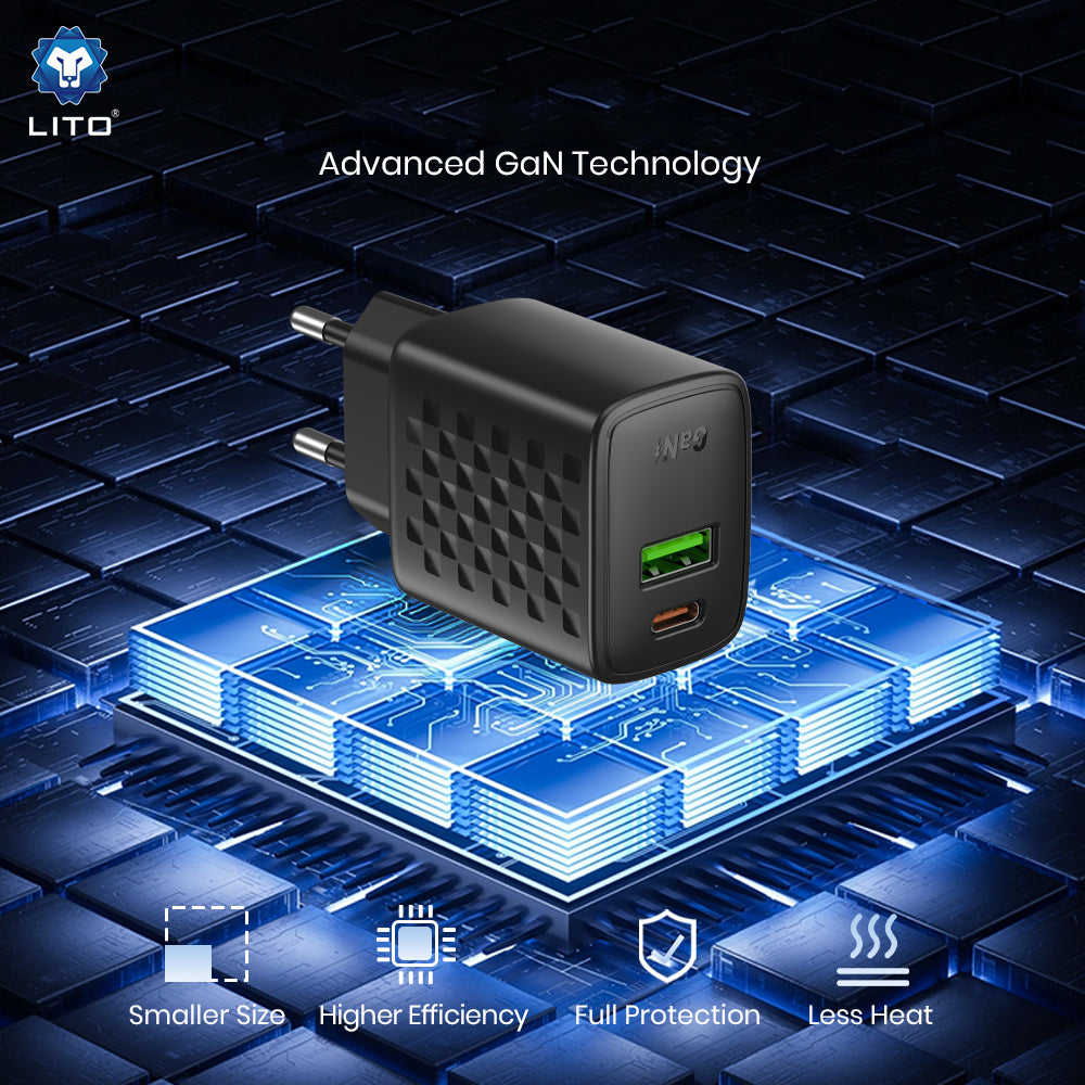 Lito LC24 Verkkolaturi, 65W, 3.25A, 1 x USB-A - 1 x USB-C, Musta