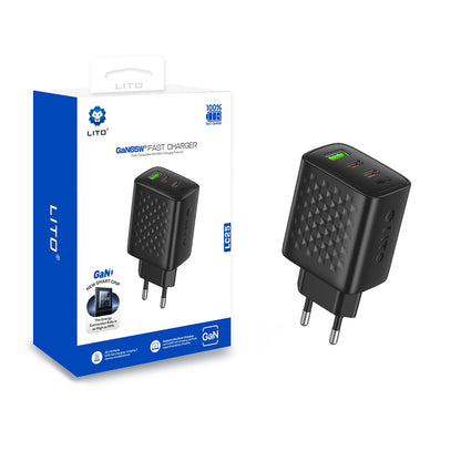 Lito LC25 Verkkolaturi, 65W, 3.25A, 1 x USB-A - 2 x USB-C, Musta