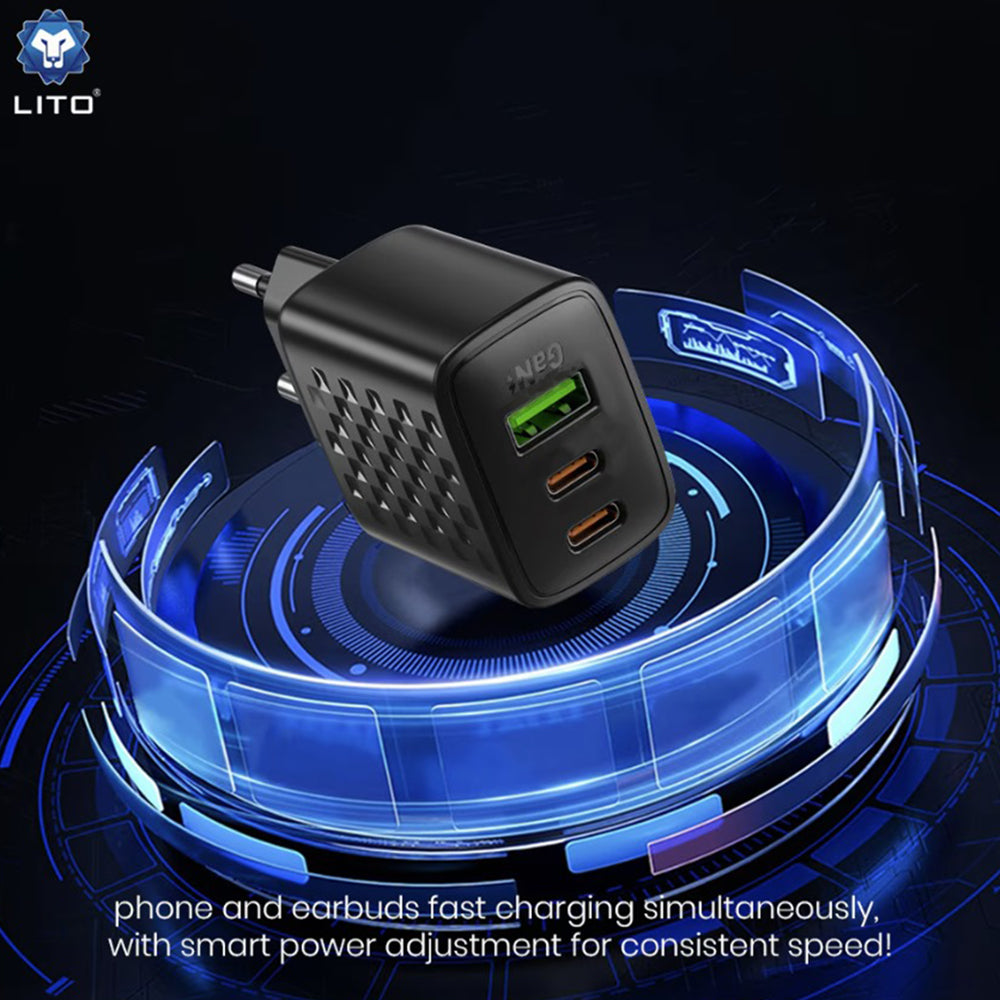 Lito LC25 Verkkolaturi, 65W, 3.25A, 1 x USB-A - 2 x USB-C, Musta