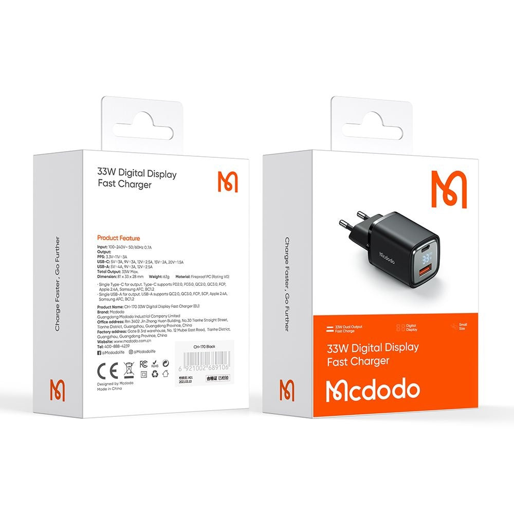 McDodo CH-1701 Graphite Display -verkkolaturi, 33W, 3A, 1 x USB-A - 1 x USB-C, Musta