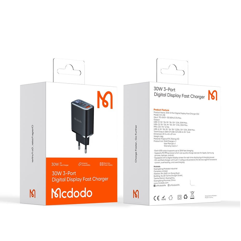 McDodo CH-2180 Display -verkkolaturi, 30W, 3A, 1 x USB-A - 2 x USB-C, Musta