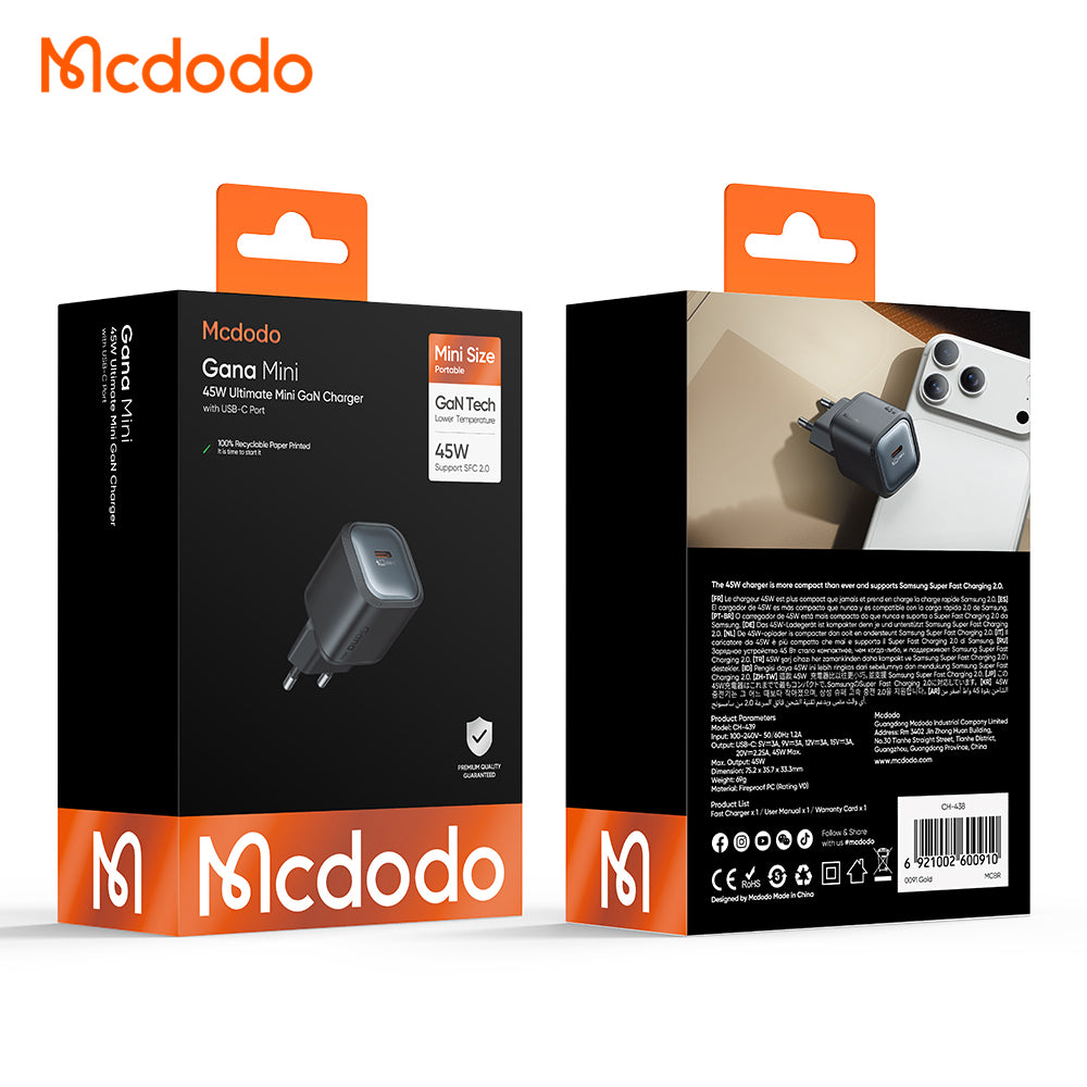 McDodo CH-4391 Ultimate Mini verkkolaturi, 45W, 3A, 1 x USB-C, musta