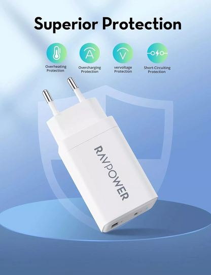 RavPower RP-PC171 verkkolaturi, 45W, 3A, 1 x USB-A - 1 x USB-C, valkoinen