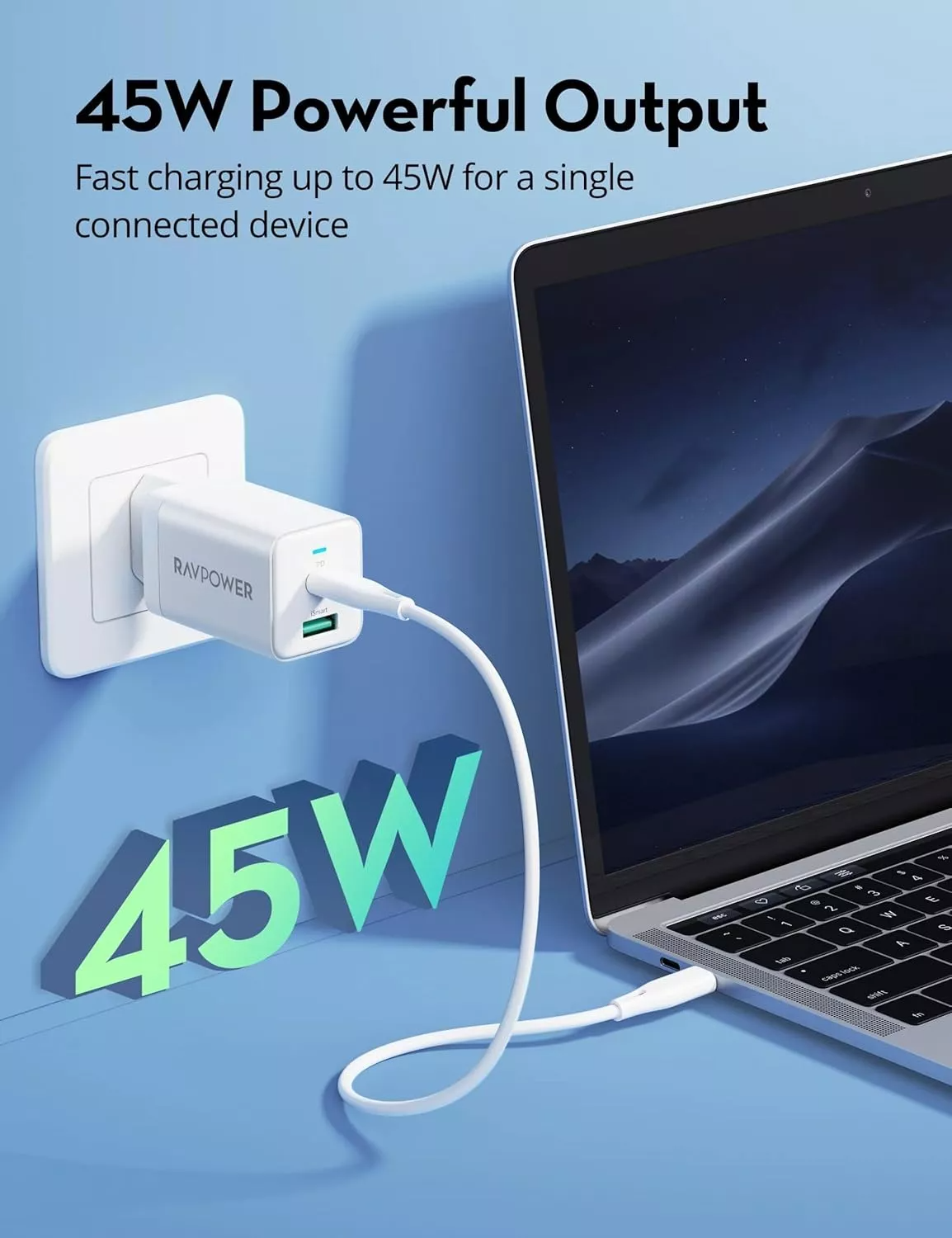 RavPower RP-PC171 verkkolaturi, 45W, 3A, 1 x USB-A - 1 x USB-C, valkoinen