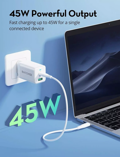 RavPower RP-PC171 verkkolaturi, 45W, 3A, 1 x USB-A - 1 x USB-C, valkoinen
