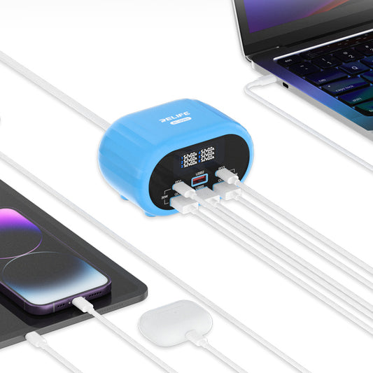 Relife RL-309U -latausasema, 72W, 5A, 2 x USB-C - 4 x USB-A, Sininen
