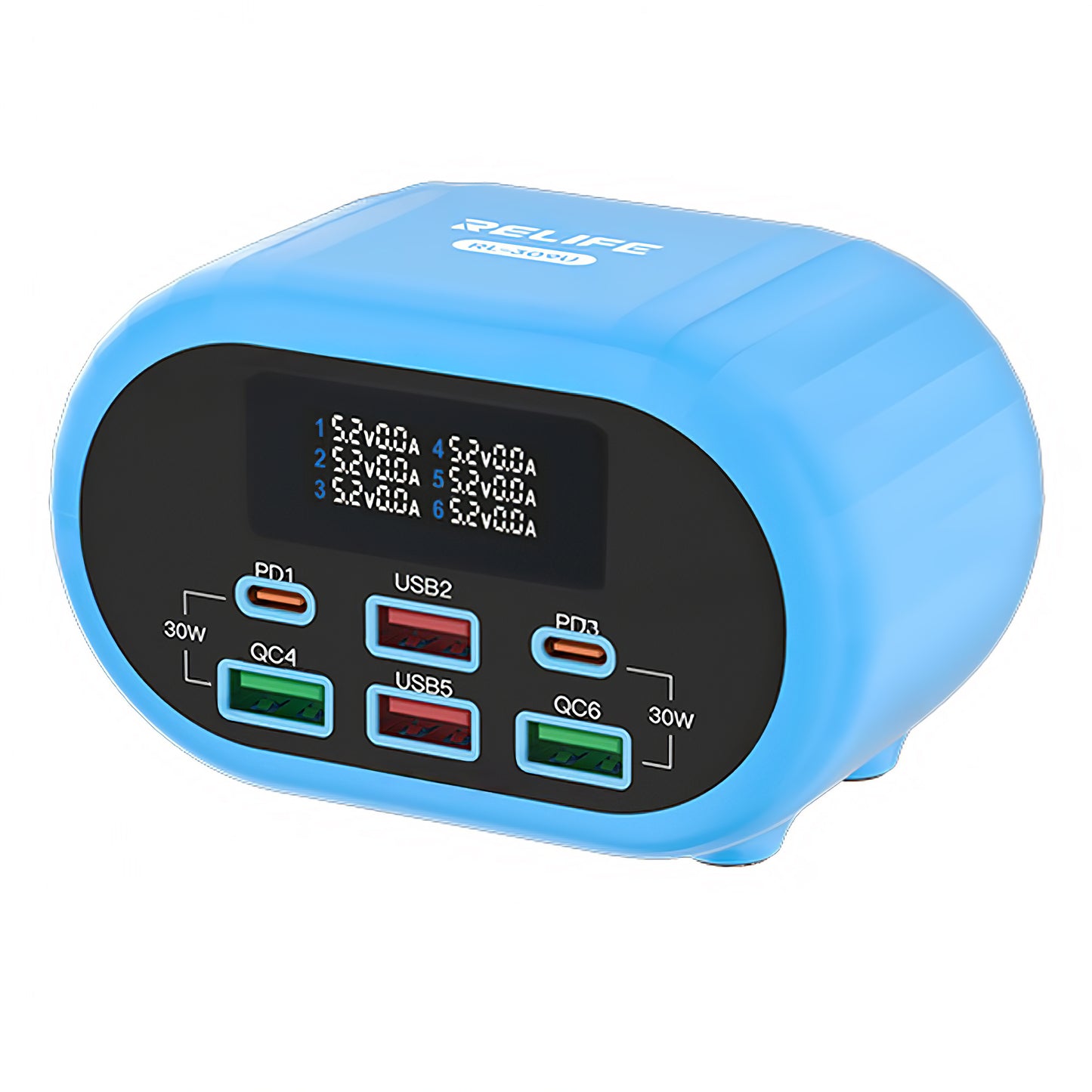 Relife RL-309U -latausasema, 72W, 5A, 2 x USB-C - 4 x USB-A, Sininen