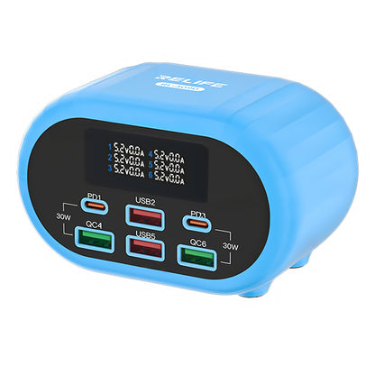 Relife RL-309U -latausasema, 72W, 5A, 2 x USB-C - 4 x USB-A, Sininen