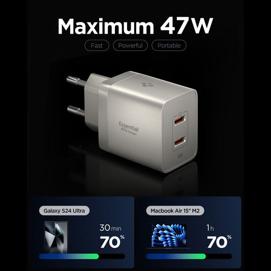 Verkkolaturi Spigen EE472EU Essential, 47W, 3A, 2 x USB-C, Harmaa Titaani ACH10451